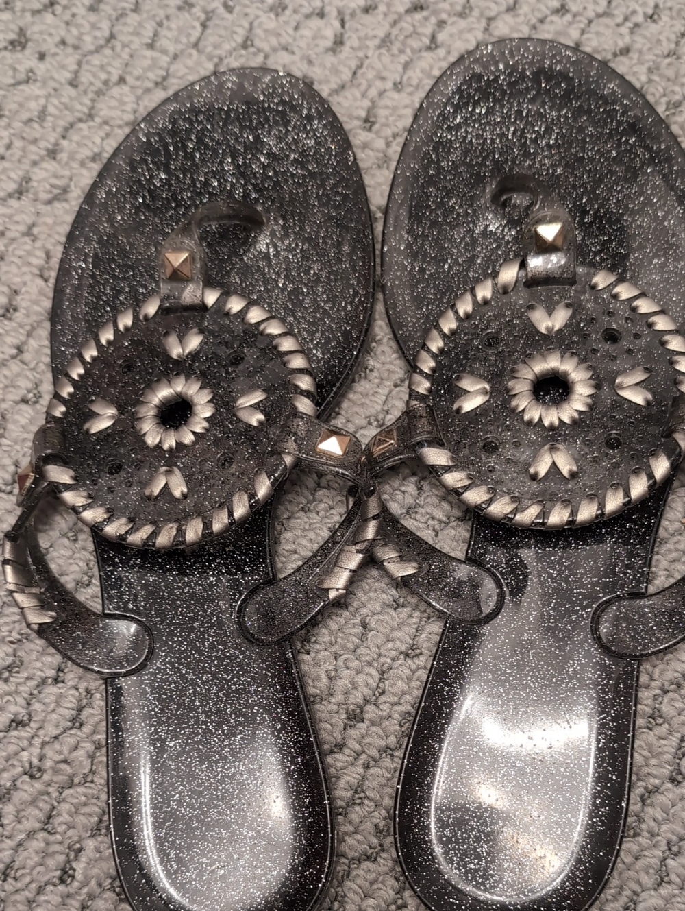 Jack Rogers Black Glitter Jelly Sandals with Silver Medallion